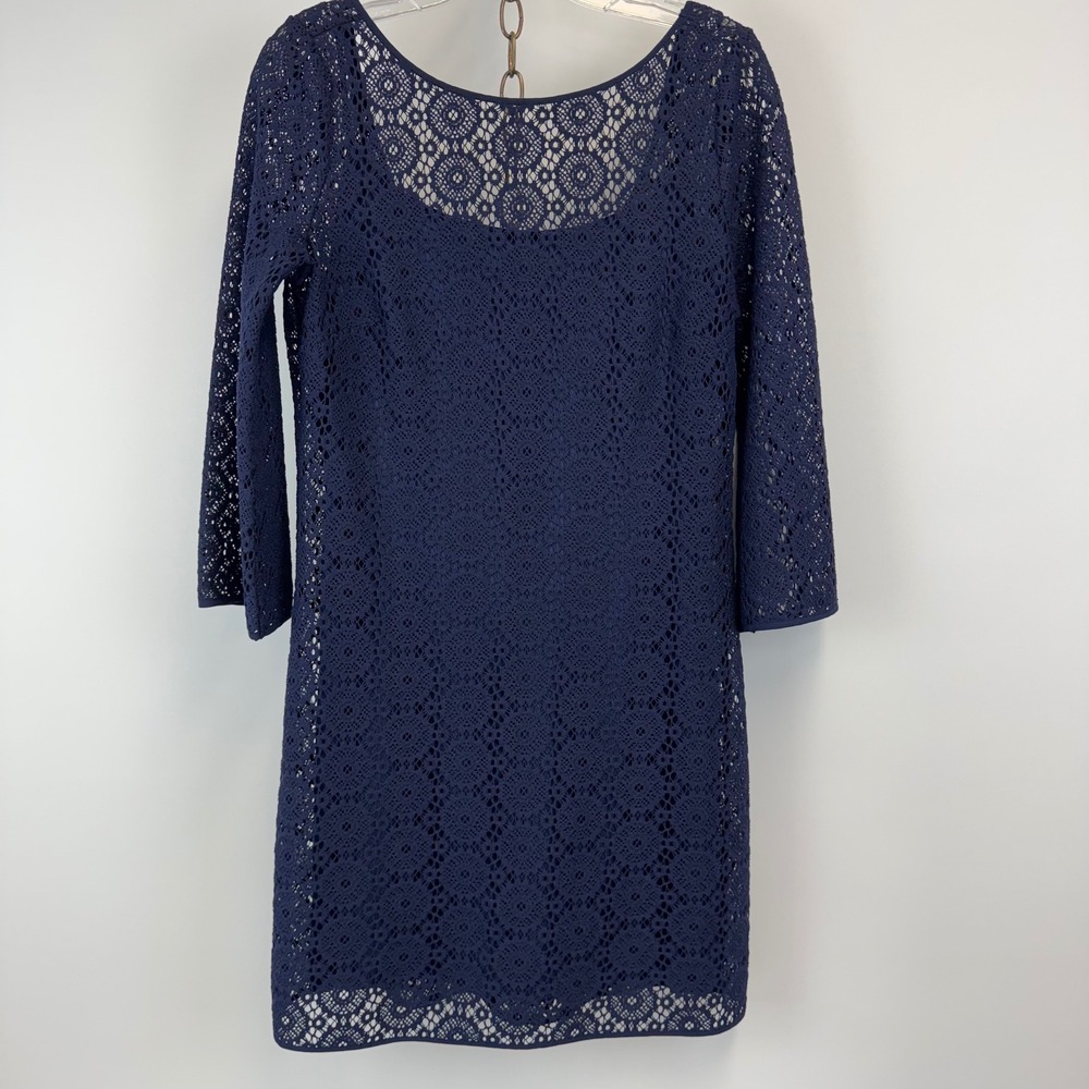 Lilly‎ Pulitzer Dress Women's Small Navy Blue Lace 3/4 Sleeve Sheath